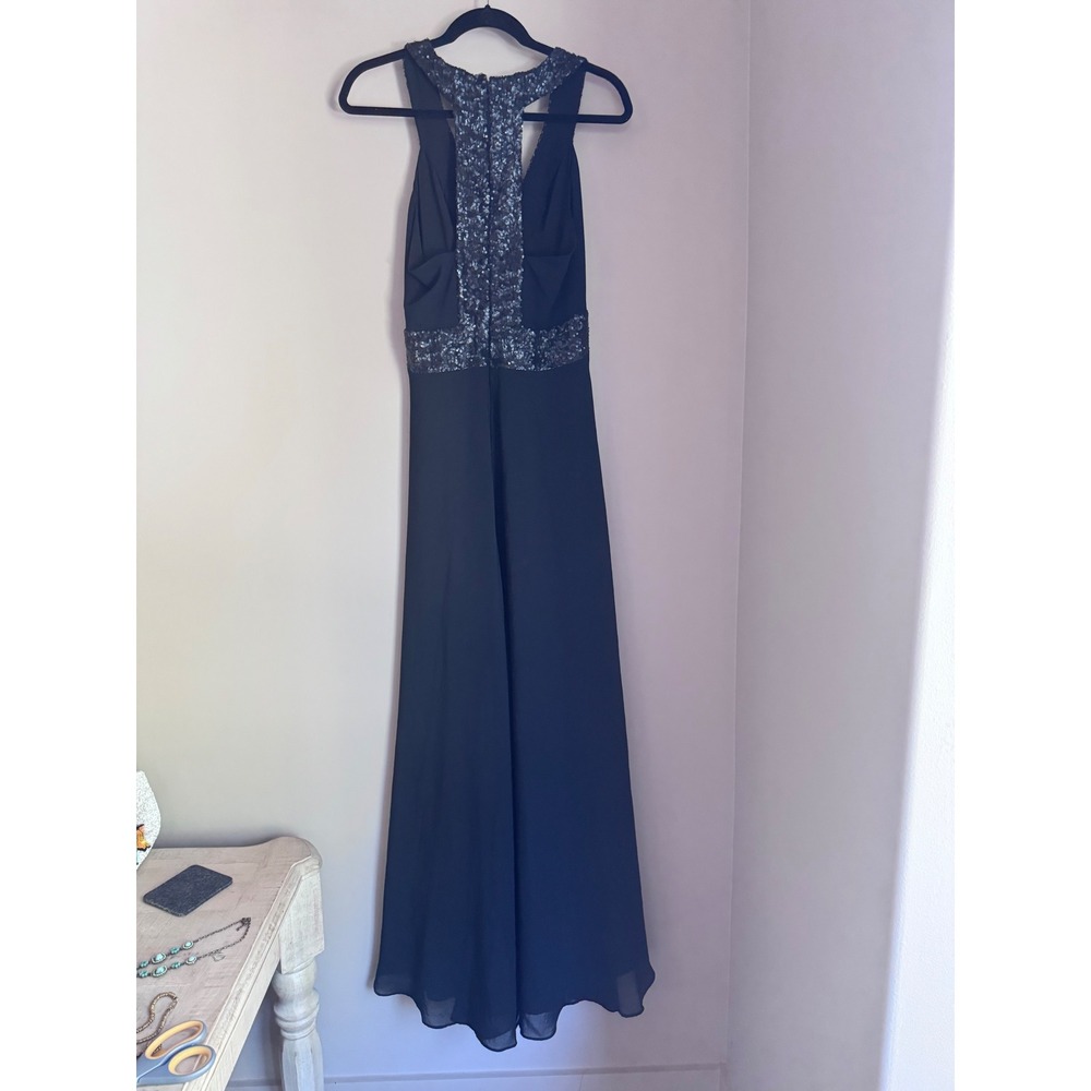 Dress The Population Sequin V-Neck Racerback Gown Black Navy Size Large Formal - Picture 4 of 9